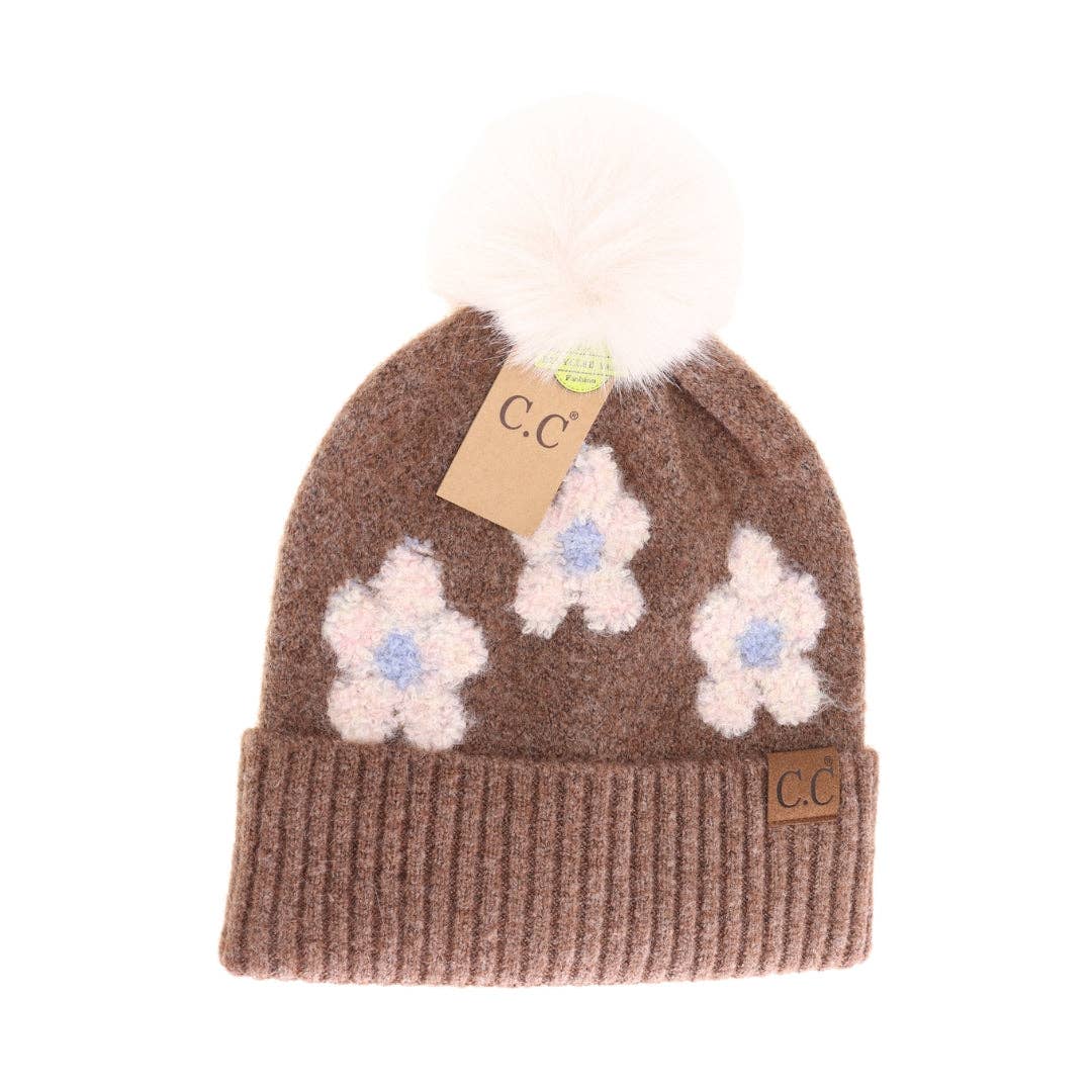 Daisy Contrast Faux Fur Pom C.C Beanie HTC0079: Heather Lt. Grey