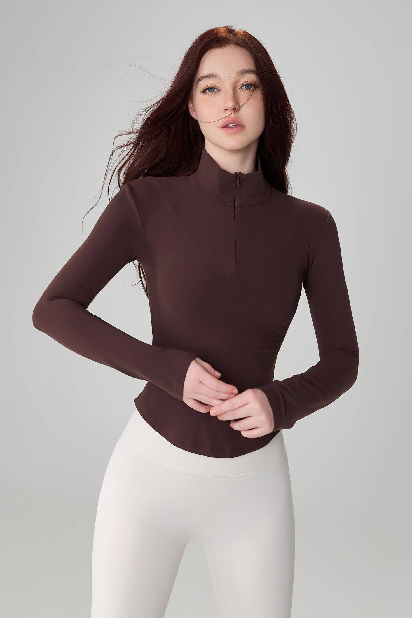 Yara Long Sleeve Zipper Polo Active Top: Cold Brew / L