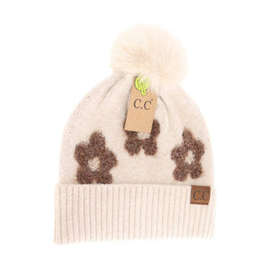 Daisy Contrast Faux Fur Pom C.C Beanie HTC0079: Heather Lt. Grey