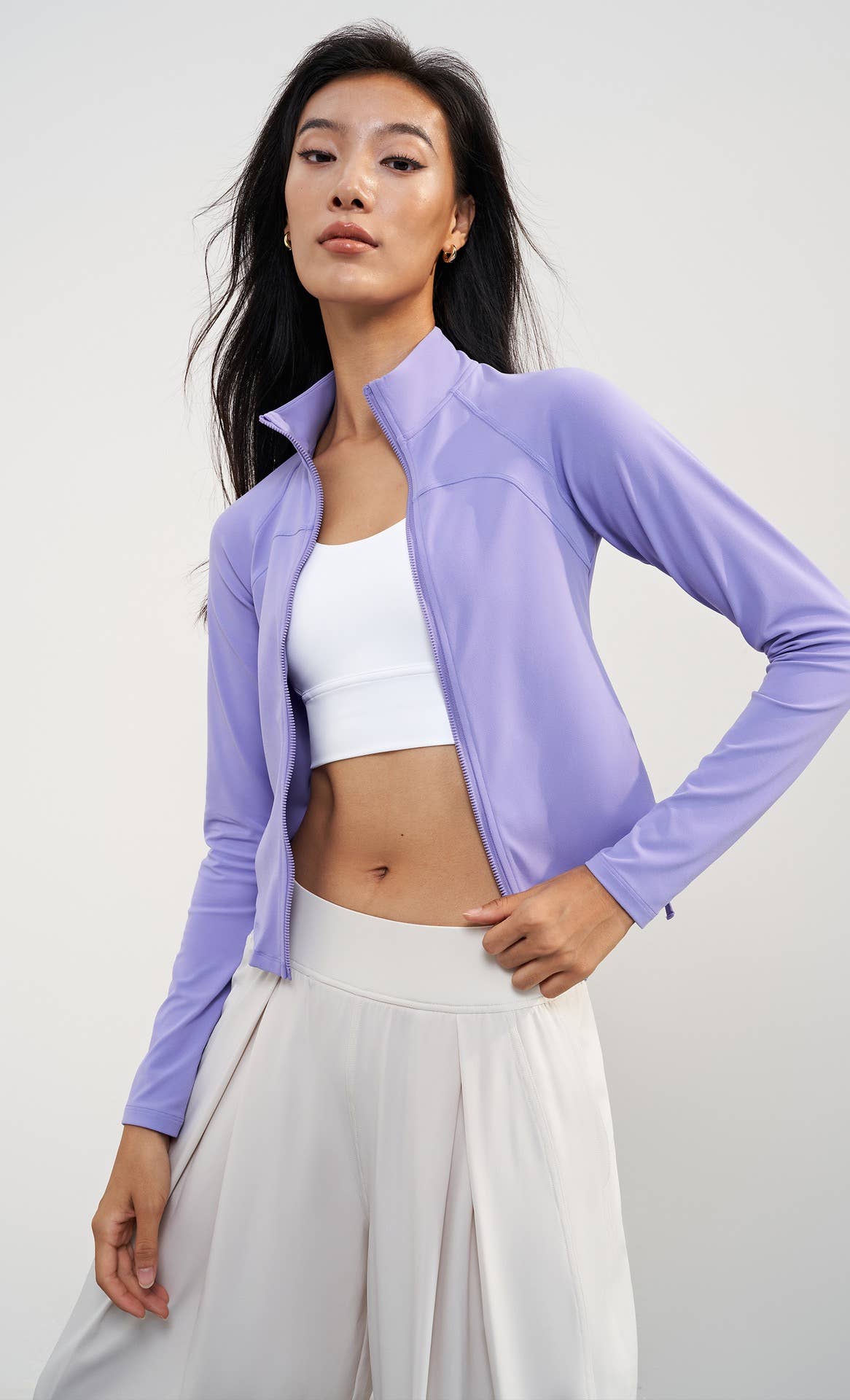 Delilah Windbreaker Side String Crop Zipper Jacket: Eggshell / S