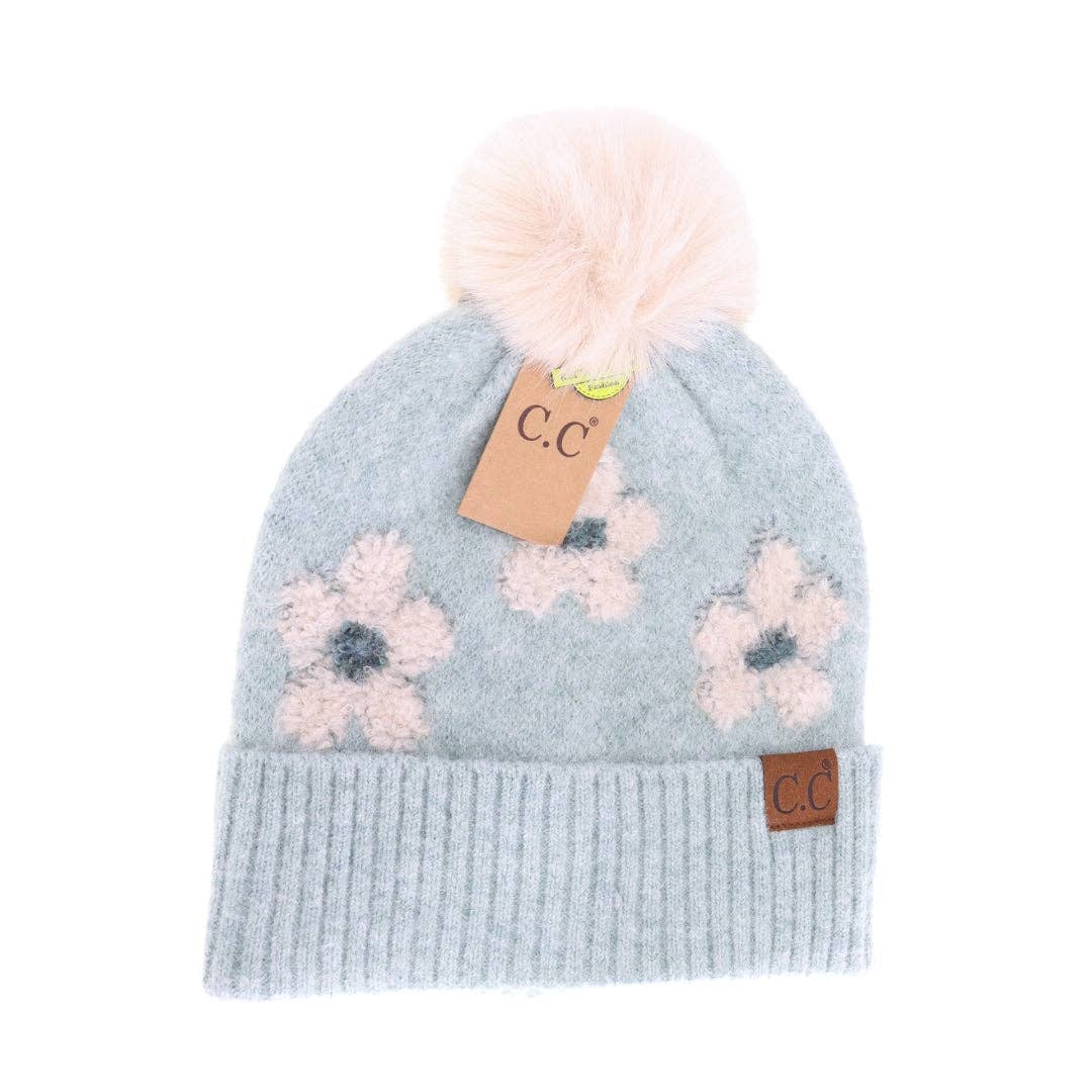 Daisy Contrast Faux Fur Pom C.C Beanie HTC0079: Heather Beige