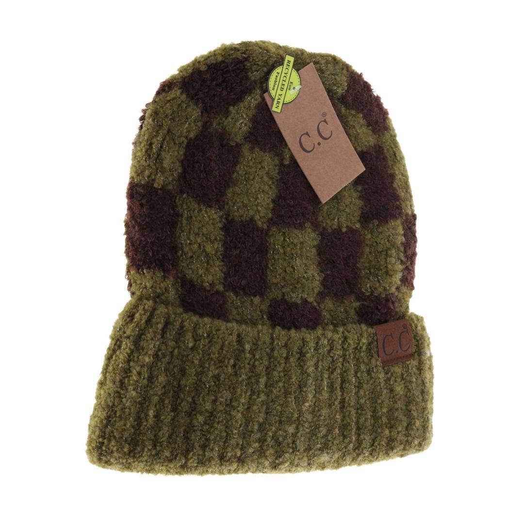 Boucle Checkered Patterned C.C Beanie HAT4011: Beige/Camel