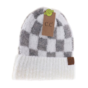 Boucle Checkered Patterned C.C Beanie HAT4011: Beige/Camel