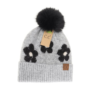 Daisy Contrast Faux Fur Pom C.C Beanie HTC0079: Heather Lt. Grey